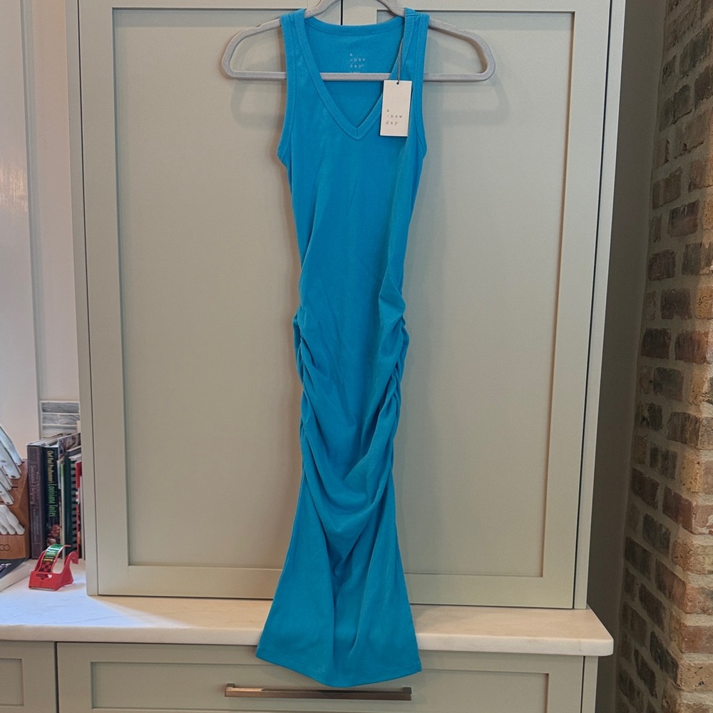 A NEW DAY Turquoise Blue Ruched Midi Dress
